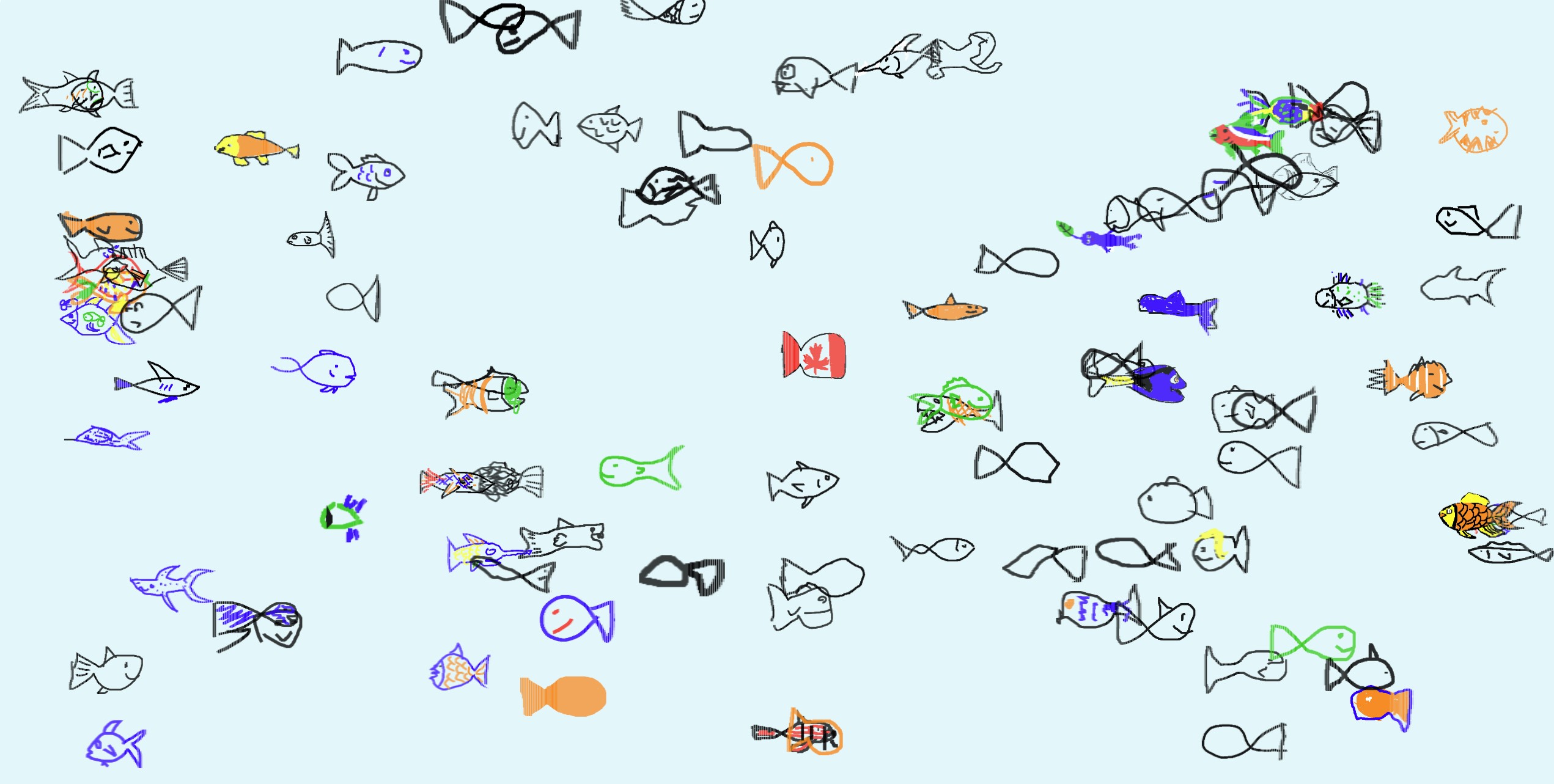 DrawAFish.com website screenshot - 100 hand drawn fish swimming in a tank.