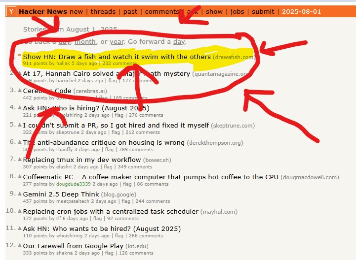 Post 'Show HN: Draw A Fish and watch it swim with the others' on the #1 spot of hacker news, highlighted, circled, lots of red arrows pointing to it.